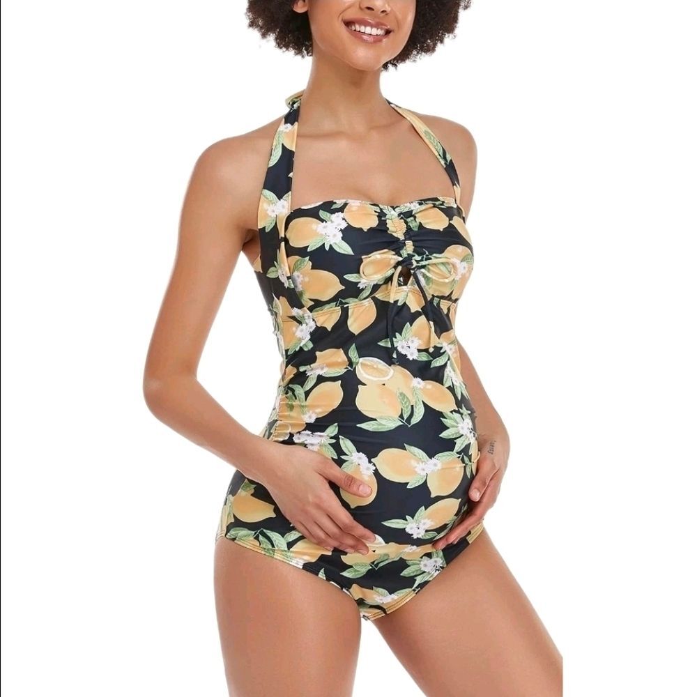 East Elegant Halter Ruched Maternity Swimsuit Women's Size XL Lemon Floral NWT